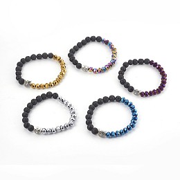 Honeyhandy Electroplate Glass & Natural Lava Rock Stretch Bracelets, with Alloy Beads, Owl, Mixed Color, 2-1/8 inch(5.4cm)