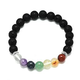 Honeyhandy Chakra Jewelry, Natural Gemstone Beads Stretch Bracelets, with Synthetic Lava Rock Beads and Alloy Beads, Round, Inner Diameter: 2-1/8 inch(5.5cm), Beads: 8.5mm