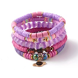 Honeyhandy Natural Lava Rock & Polymer Clay Heishi Beads Stretch Bracelets Sets, Earth Charm Stackable Preppy Bracelets for Women, Purple, Inner Diameter: 2 1/8~2-1/4 inch(5.3~5.8cm), 5Pcs/set