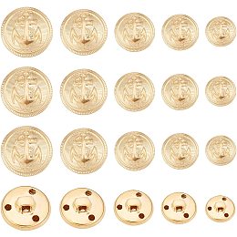 OLYCRAFT 50Pcs Metal Blazer Buttons Vintage Shank Buttons Half Round with Anchor Pattern 3-Hole Metal Button Set 15mm 17mm 19mm 22mm 24mm for Blazer Suits Coats Uniform and Jacket - Light Gold