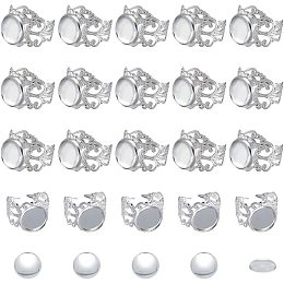 NBEADS 20 Sets Brass Blank Cuff Rings, Silver Blank Trays Bezel Settings with Clear Glass Cabochons Metal Cuff Bezel Rings Sets for DIY Cameo Rings Photo Jewelry Necklace and Crafts