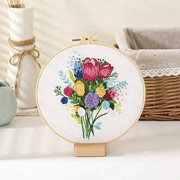 Honeyhandy DIY Bouquet Pattern Embroidery Kit, Including Imitation Bamboo Frame, Iron Pins, Cloth, Colorful Threads, White, 213x201x9.5mm, Inner Diameter: 183mm