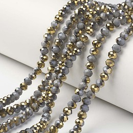 Honeyhandy Electroplate Opaque Glass Beads Strands, Half Golden Plated, Faceted, Rondelle, Dark Gray, 6x5mm, Hole: 1mm, about 92~94pcs/strand, 17~17.5 inch(42.5~43.75cm)