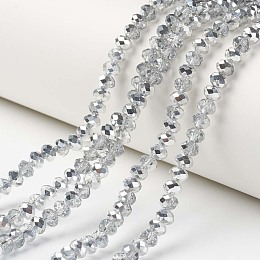 Honeyhandy Electroplate Transparent Glass Beads Strands, Half Silver Plated, Faceted, Rondelle, Clear, 6x5mm, Hole: 1mm, about 92~94pcs/strand, 17~17.5 inch(42.5~43.75cm)