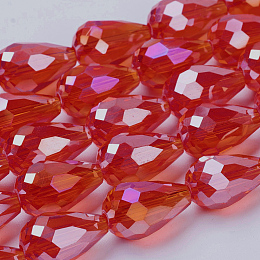 Honeyhandy Electroplate Glass Beads Strands, AB Color Plated, Faceted Teardrop, Red, 15x10mm, Hole: 1mm, 50pcs/strand, 27.1 inch