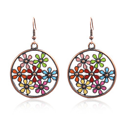 Honeyhandy Alloy Enamel Dangle Earrings, Ring with Flower, Colorful, Red Copper, 58x34mm