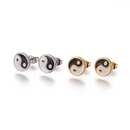 Honeyhandy Feng Shui 304 Stainless Steel Stud Earrings, with Enamel and Ear Nuts, Yinyang, Mixed Color, 9.5x1.5mm, Pin: 0.6mm, 6pairs/card