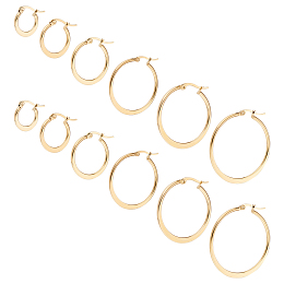 Unicraftale 12 Pairs 6 Style 304 Stainless Steel Flat Hoop Earrings, Hypoallergenic Earrings for Women, Golden, 14~41x2mm, Pin: 0.7x0.1mm, 2 Pairs/style