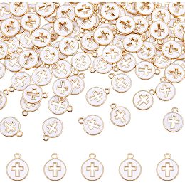 Arricraft 100 Pcs Flat Round Enamel Cross Charms, Hollow White Cross Charms, Alloy Enamel Crucifix Charm Pendants for Easter Crafting Jewelry Making