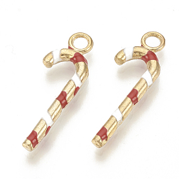 Honeyhandy Alloy Enamel Pendants, Cadmium Free & Lead Free, Candy Cane, Light Gold, Red, 26x9x2.5mm, Hole: 2mm