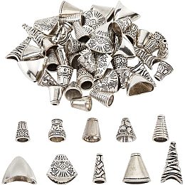 NBEADS 50 Pcs Cone Bead Caps, 10 Styles Tibetan Style Alloy Flower Spacer Beads End Caps Antique Silver Spacer Beads Caps Bead Cone for Earring Bracelet Necklace Jewelry Making, Hole: 1~10mm