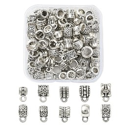 Honeyhandy 100Pcs 10 Style Tibetan Style Alloy Tube Bails, Hanger Bail Beads, Loop Bails, Cup & Column & Barrel, Antique Silver, 6.5~11.5x6~8x5.5~8mm, Hole: 1.6~2mm, Inner Diameter: 2~4.8mm, 10pcs/style