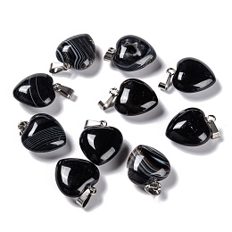 Honeyhandy Natural Black Agate Pendants, with Platinum Brass Loops, Heart, 18~19x15~15.5x7.5~10mm, Hole: 6x2.5~3mm