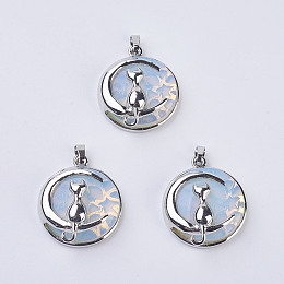 Honeyhandy Opalite Kitten Pendants, with Brass Findings, Flat Round with Cat & Crescent Moon Shape, Platinum, 32x27.5x10mm, Hole: 5x7mm