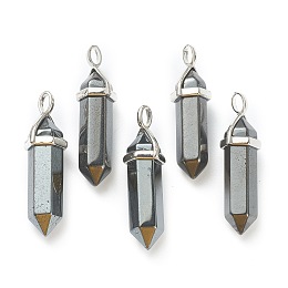 Honeyhandy Natural Non-magnetic Hematite Pendants, with Platinum Tone Brass Findings, Bullet, 39.5x12x11.5mm, Hole: 4.5x2.8mm