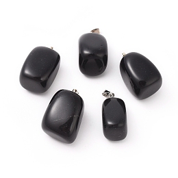 Honeyhandy Natural Black Agate Pendants, with Platinum Tone Brass Findings, Nuggets, 23~30x13~22x12~20mm, Hole: 5x3mm