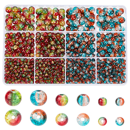 PandaHall Elite 1340Pcs 6 Style Two Tone Transparent Crackle Glass Beads Strands, Round, Mixed Color, 4~8mm