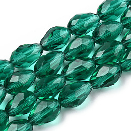 Honeyhandy Glass Beads Strands, Faceted, Drop, Teal, 11x8mm, Hole: 1mm, about 57~59pcs/strand, 26.38~26.77 inch