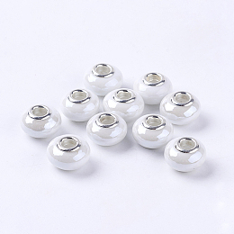 Honeyhandy Handmade Porcelain European Beads, with Silver Color Brass Double Cores, Rondelle, White, 15x10~11mm, Hole: 5mm