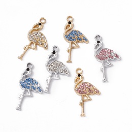 Alloy Rhinestone Pendants, Flamingo Charm, Platinum & Light Gold, Mixed Color, 28x15x2.5mm, Hole: 2mm