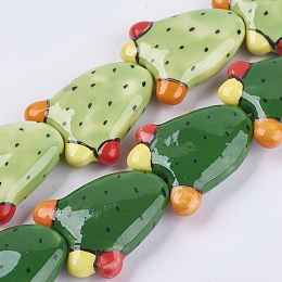 Honeyhandy Handmade Porcelain Beads, Cactus, Mixed Color, 29.5~30x24~25x8.5~10mm, Hole: 2mm