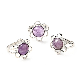 Honeyhandy Natural Amethyst Adjustable Rings, Platinum Tone Flower Brass Rings for Women, Cadmium Free & Lead Free, US Size 7 3/4(17.9mm), 3~7mm