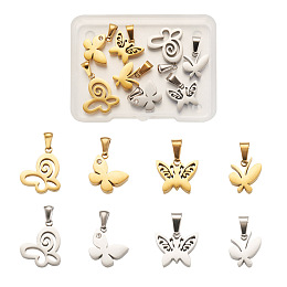 Fashewelry 8Pcs 8 Style 304 Stainless Steel Charms, Manual Polishing, Butterfly, Golden & Stainless Steel Color, 1pc/stylse