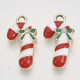 Honeyhandy Christmas Theme, Alloy Enamel Pendants, with Crystal Rhinestone, Light Gold, Candy Cane, Red, 22x11x4mm, Hole: 1.8mm