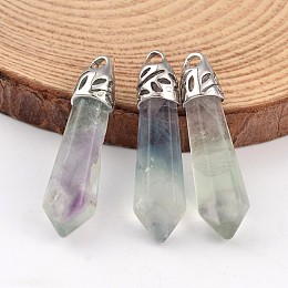 Honeyhandy Bullet Natural Fluorite Pendants, with Platinum Tone Alloy Findings, 33~40x8~10mm, Hole: 3x2mm