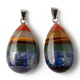 Honeyhandy Chakra Style Assembled Natural Amethyst & Lapis Lazuli & Sodalite & Green Aventurine & Tiger Eye & Topaz Jade & Red Jasper Pendants, with Stainless Steel Bails, Teardrop, 44~45x24x13mm, Hole: 4x8.5mm