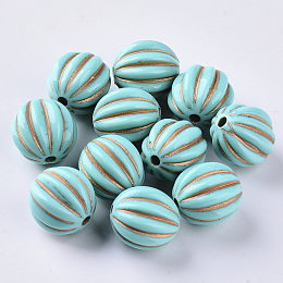 Honeyhandy Acrylic Beads, Metal Enlaced, Plating Acrylic Beads, Golden Metal Enlaced, Corrugated Beads, Dark Turquoise, 17x16.5mm, Hole: 2.5mm