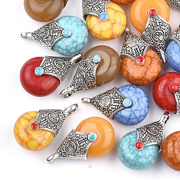 Honeyhandy Tibetan Style Resin Pendants, with Alloy & Enamel, teardrop, Antique Silver, Mixed Color, 28x16x14mm, Hole: 2~3.5mm