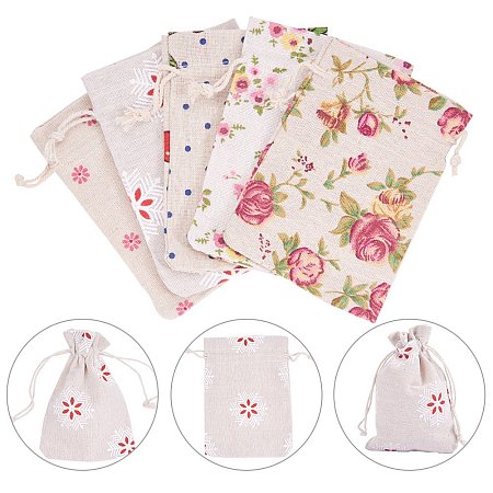 NBEADS 25 Pcs 5 Kinds Flower Printing Linen Drawstring Bags Burlap Bags Floral Jewelry Gift Pouches for Wedding Party and DIY Craft, 3.9 x 5.5 Inch