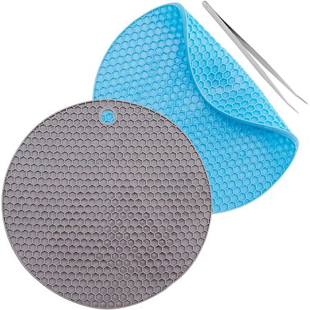 GORGECRAFT 2Pcs Round Doming Mats Rubber Trivet Mats Nonslip Insulation Honeycomb Heat Resistant Pad Large Coasters Pot Holder Set with 1Pc Beading Tweezer for Hot Dishes DIY Jewelry Making Grey Blue