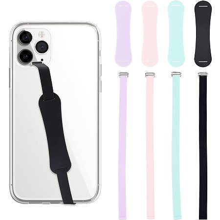 OLYCRAFT 4 Sets Silicone Phone Finger Strap Universal Silicone Elastic Loop Phone Grip Reusable Hand Finger Holder Phone Grip Holder for Most Phone Case - Black/Pink/Purple/Mint Green