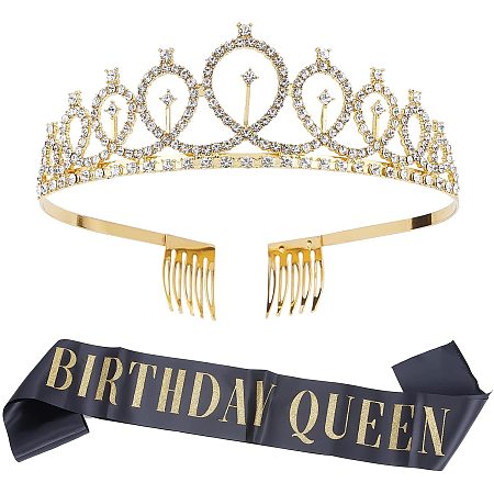 AHANDMAKER Birthday Queen Tiara Sash, Gold Crystal Crowns with Combs Birthday Sash Black Sash Rhinestone Tiara Kit for Women Birthday Party Supplies
