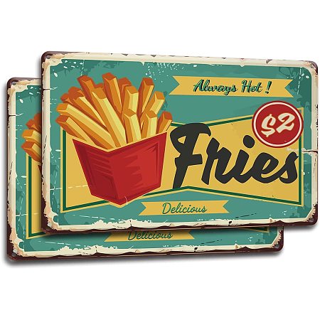 GLOBLELAND 2PCS Delicious Fries Vintage Metal Tin Sign Restroom Sign Decor Home and Business Plaques Wall Sign 7.8×11.8inch