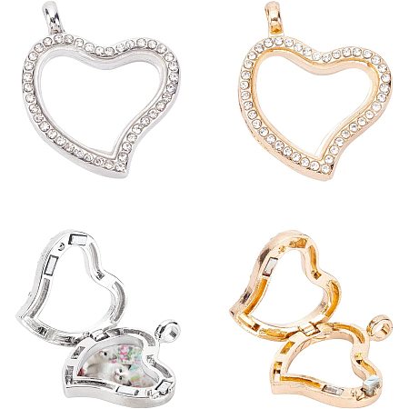 SUNNYCLUE 1 Box 4Pcs 2 Colors Rhinestone Photo Charms Heart Shaped Wedding Bouquet Bridal Crystal Memorial Photos Frame Pendants Memory Lockets for Jewelry Making Charms Necklaces Findings