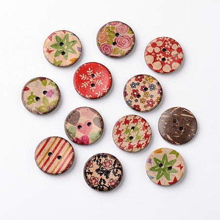 Honeyhandy Flat Round 2-Hole Coconut Buttons, Mixed Color, 20x3mm, Hole: 2mm
