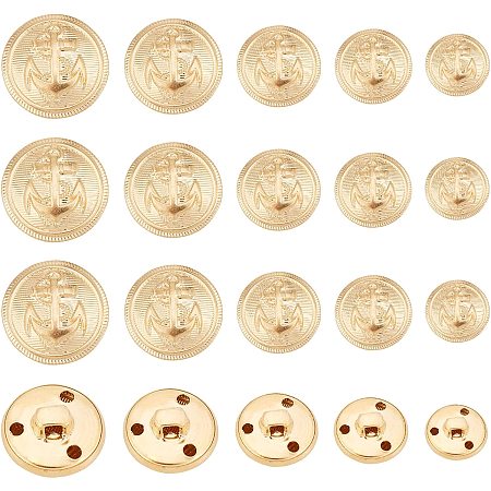 OLYCRAFT 50Pcs Metal Blazer Buttons Vintage Shank Buttons Half Round with Anchor Pattern 3-Hole Metal Button Set 15mm 17mm 19mm 22mm 24mm for Blazer Suits Coats Uniform and Jacket - Light Gold