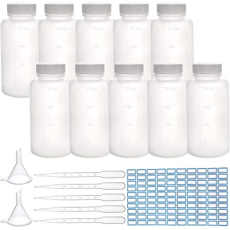 OLYCRAFT 10pcs Wide Mouth Plastic Bottles with Caps 200ml Reagent Bottle with Plastic Funnel Hopper Plastic Pipettes and Label Sticker for Science Laboratory