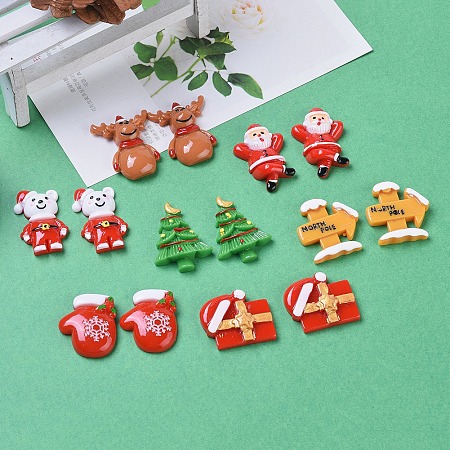 Arricraft Christmas Theme Resin Cabochons, Bear, Father Christmas, Reindeer/Stag, Gift, Glove with Snowflake, Christmas Tree, Finger post with North Pole, Mixed Color, 14pcs/box