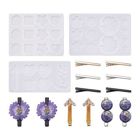 Boutigem 3Pcs 3 Style Silicone Molds, Hair Accessories Molds, For DIY Clamp Decoration, UV Resin & Epoxy Resin Jewelry Making, Mixed Shapes, with 3Sets 3 Colors Zinc Alloy Alligator Hair Clips, Mixed Color, Hair Clips: 66x11x13mm, 3 sets/bag