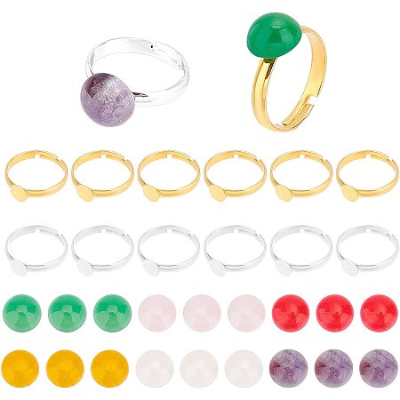 CHGCRAFT 24Pcs 2 Colors Adjustable Ring Blanks with 24Pcs 6 Colors Round Glass Dome Cabochons Metal Round Finger Ring Trays DIY Flat Round Ring Pad Ring Base for Jewelry Findings Ring Making