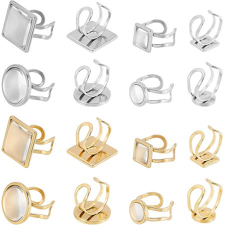 DICOSMETIC 16 Sets 2 Styles 2 Colors Stainless Steel Flat Round Tray Cuff Finger Rings Cuff Pad Ring Settings Cabochon Ring Settings with Transparent Glass Cabochons for DIY Ring Jewelry