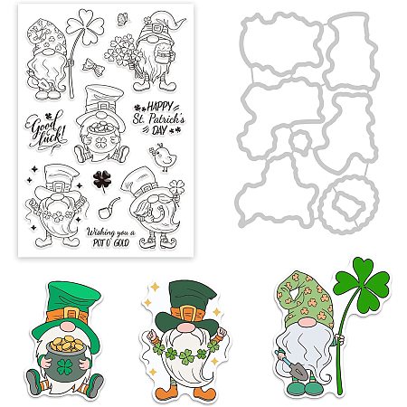 GLOBLELAND 1Set St. Patrick's Gnome Cut Dies and Clear Stamp Set Clover Embossing Template Mould and Silicone Stamp for Card Scrapbook Card DIY Craft