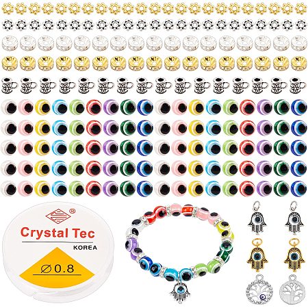 NBEADS 586 Pcs Evil Eye Jewelry Kit, Including 8mm Round Resin Evil Eye Beads, Hamsa Hand Alloy Pendants, Metal Beads and 0.8mm Crystal Elastic Threads for DIY Bracelets Necklace Jewelry Making
