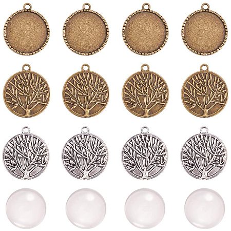 Arricraft 20 pcs Alloy Flat Round Tree of Life Pendant Trays Blank Bezel with 20 pcs 25mm Glass Cabochon Clear Dome Tiles for Photo Craft DIY Jewelry Making, Antique Bronze/Antique Silver