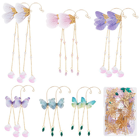 SUNNYCLUE DIY Butterfly Climber Wrap Around Cuff Earring Making Kit, Including Polyester Wing Decoration, Iron Pendants, Plastic Paillette & Glass Beads, 316 Stainless Steel Ear Cuff Findings, Mixed Color