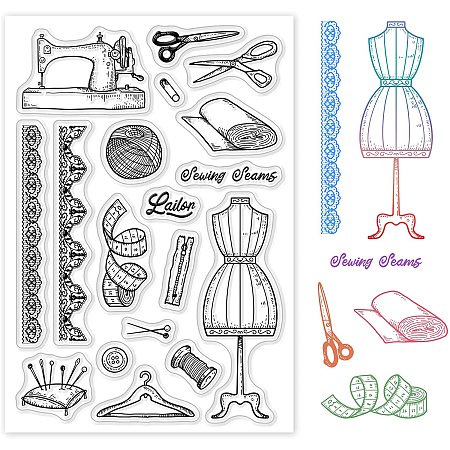 GLOBLELAND Vintage Clear Stamps Transparent Silicone Stamp Sewing Machine Scissors Wool Tape Measure Cloth Skirt for Card Making Decoration and DIY Scrapbooking